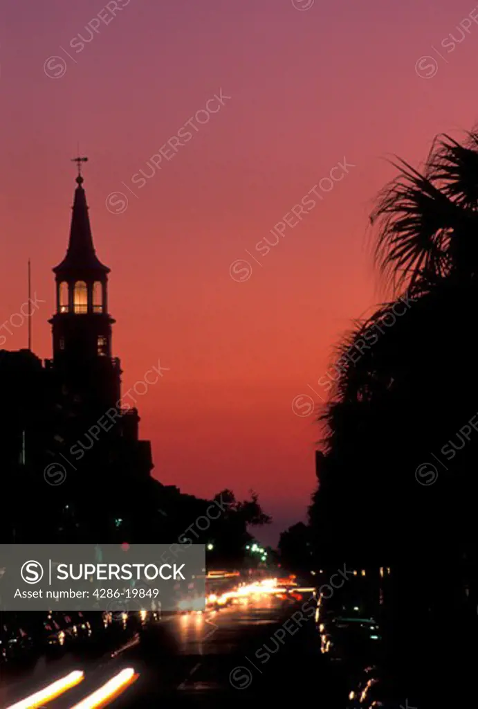 Charleston, South Carolina, SC, St. Michael's Episcopal Church along Broad Street in downtown Charleston in the evening.