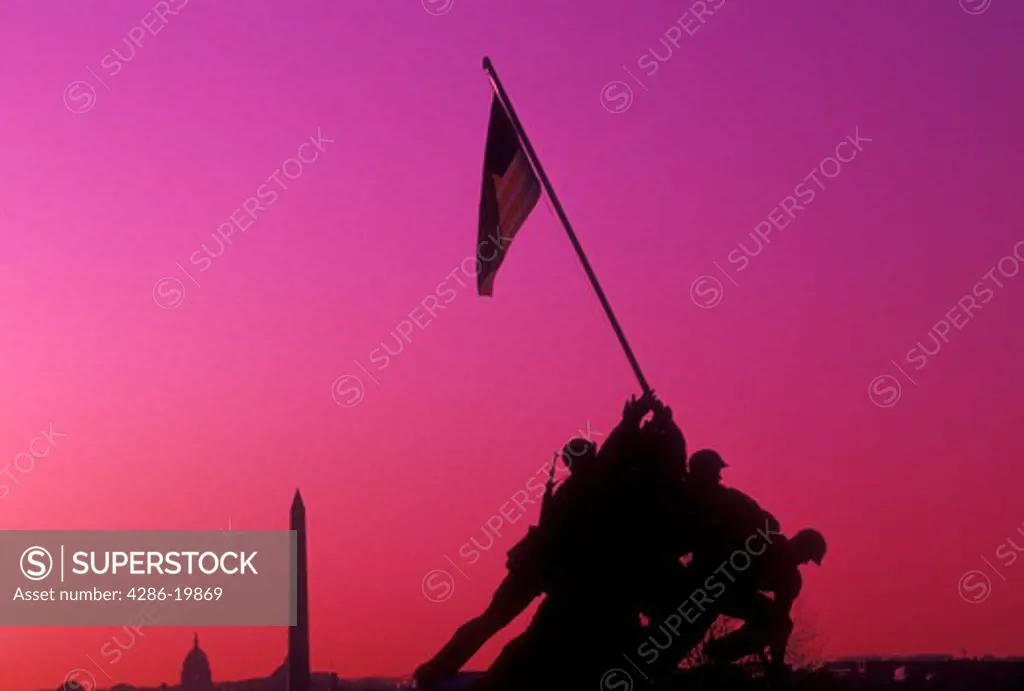 Arlington, Iwo Jima, Virginia, VA, U.S. Flag, Washington, DC, District of Columbia, Marine Corps War Memorial, Iwo Jima, at sunrise in Arlington National Cemetery in Arlington.
