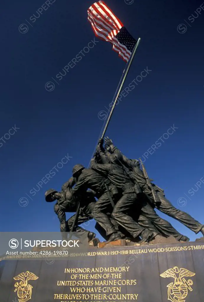 Arlington, Iwo Jima, Virginia, VA, Marine Corps War Memorial, Washington, DC, District of Columbia, Statue of the soldiers raising the U.S. Flag at Iwo Jima in Arlington National Cemetery in Arlington.