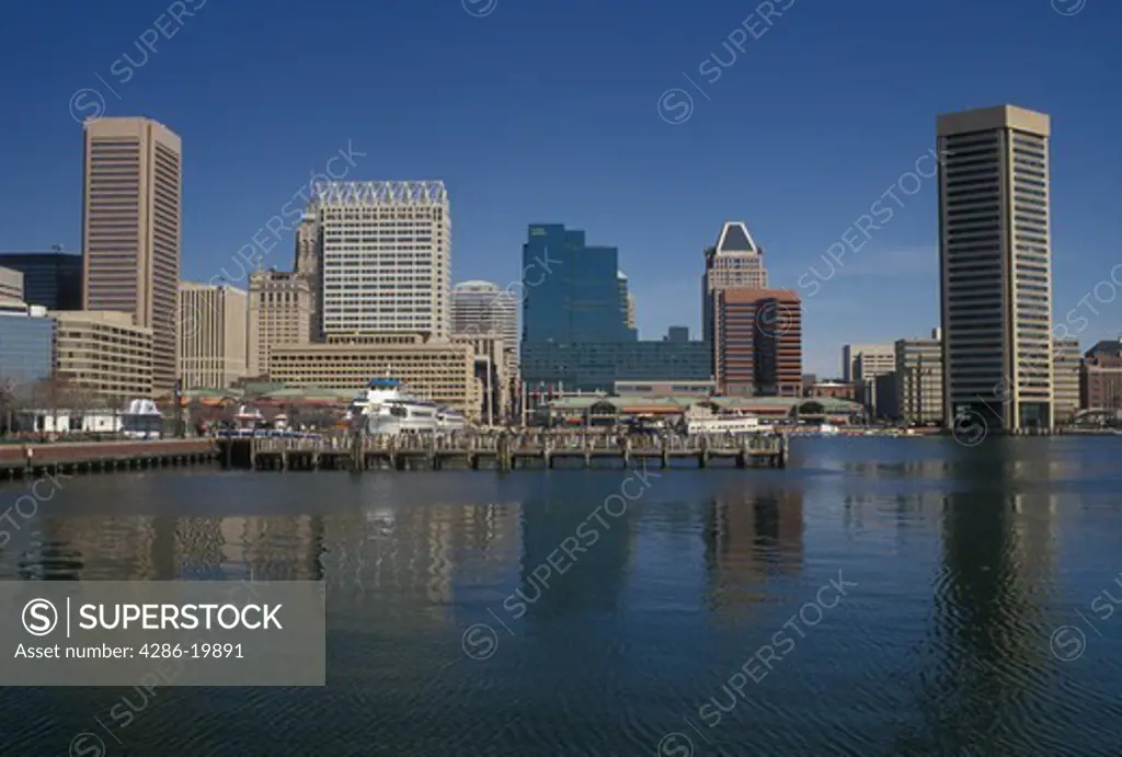 skyline, Baltimore, Maryland, MD, View of the downtown skyline of Baltimore and the Inner Harbor.