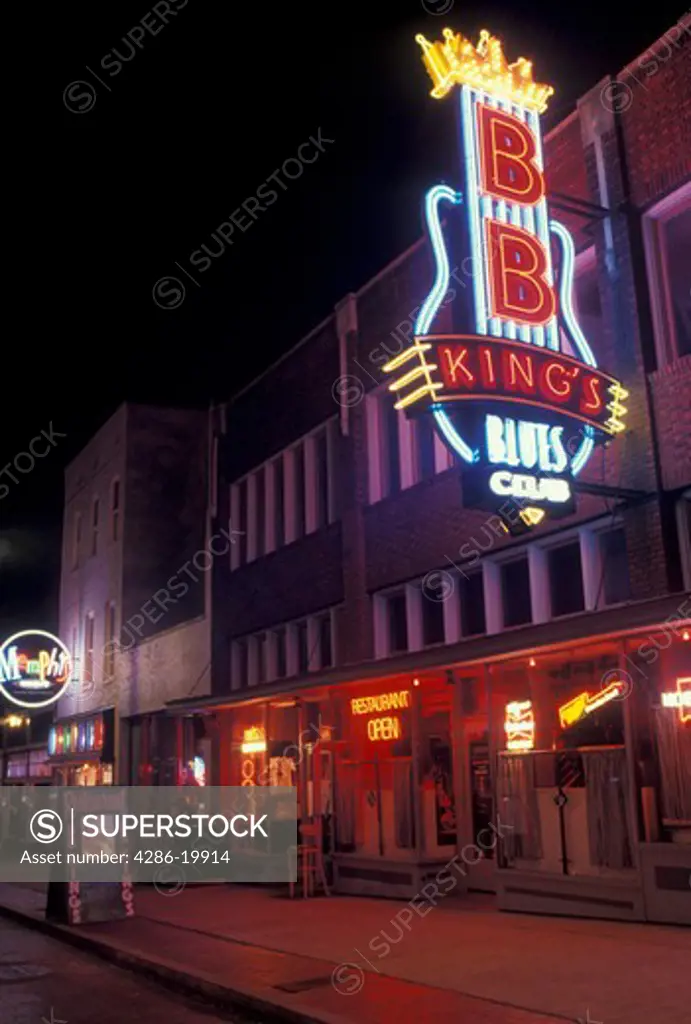 Beale Street, Memphis, B.B. King, neon sign, TN, Tennessee, BB King's Blues Club illuminated at night on Beale Street in Memphis.