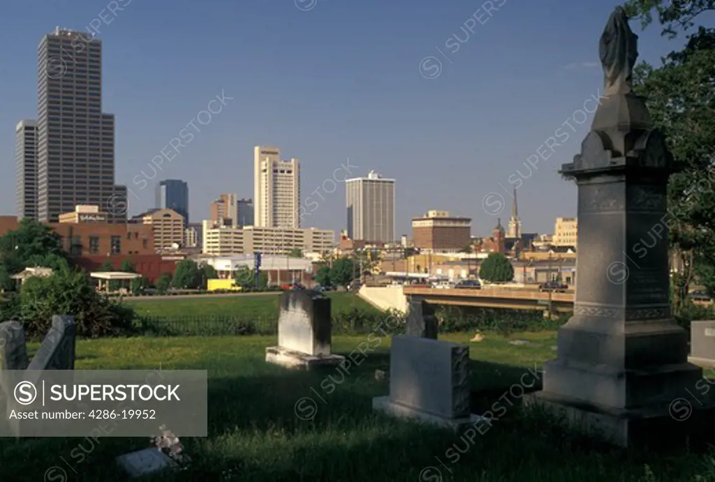 Little Rock, skyline, AR, Arkansas, Downtown skyline of Little Rock from Mount Holly Cemetery.