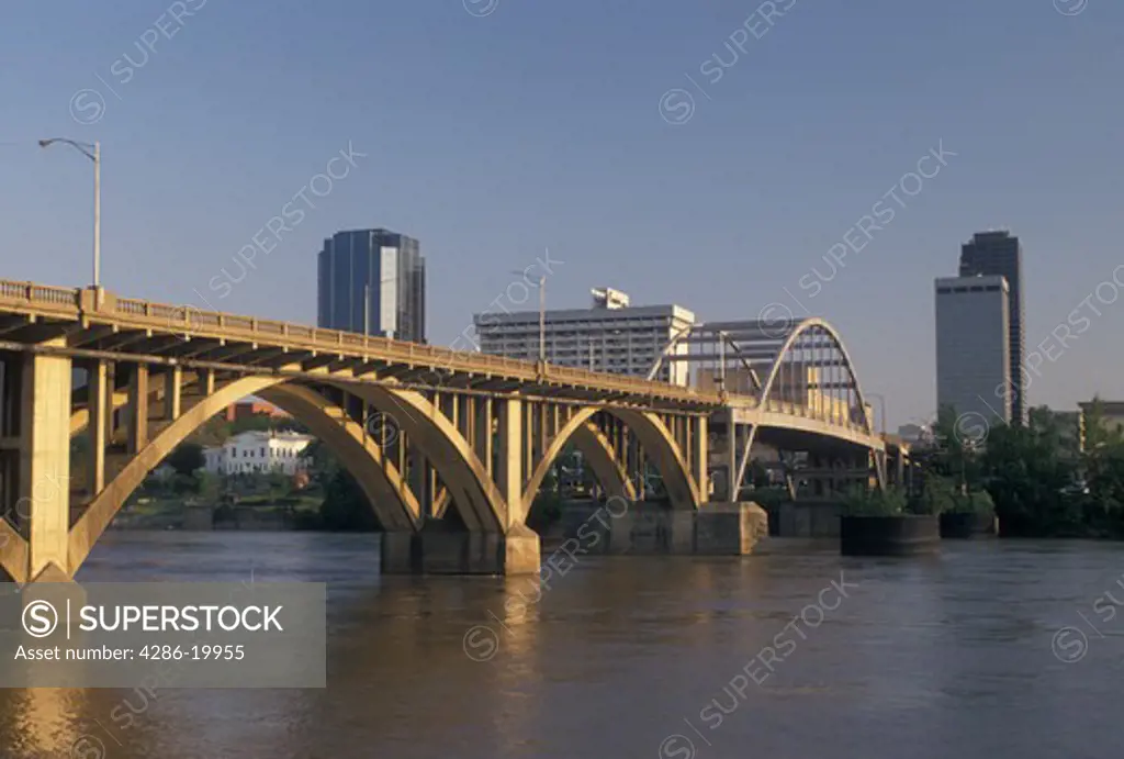 Little Rock, bridge, skyline, AR, Arkansas, Bridge crosses the Arkansas River and a view of the downtown skyline of Little Rock.