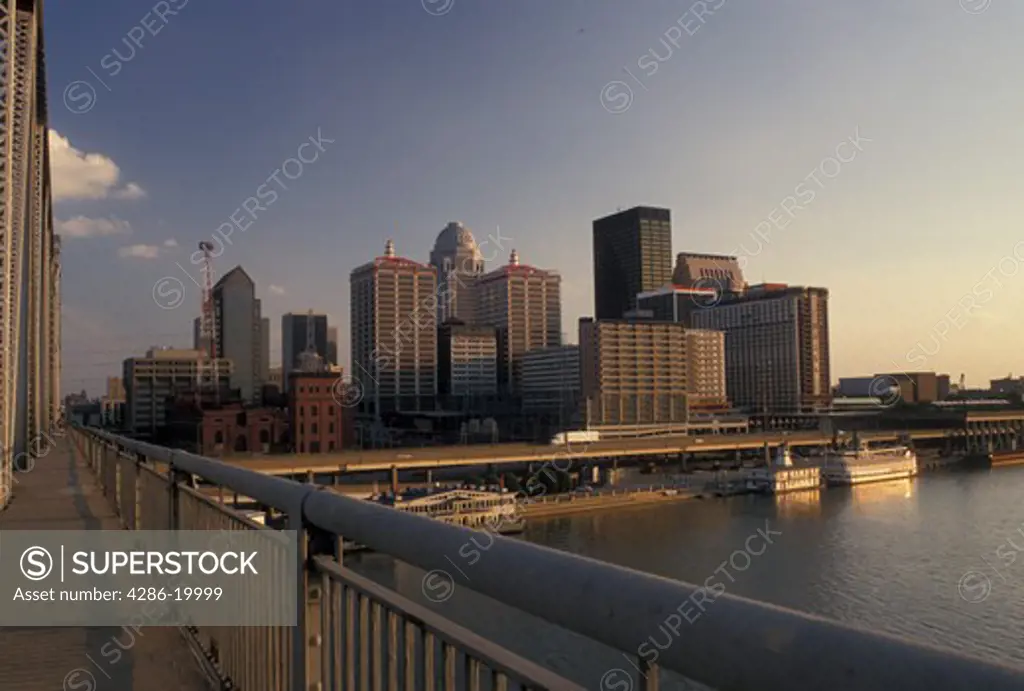 Louisville, skyline, KY, Kentucky, Ohio River, Skyline of downtown Louisville from the G.R. Clark Memorial Bridge which crosses the Ohio River. 