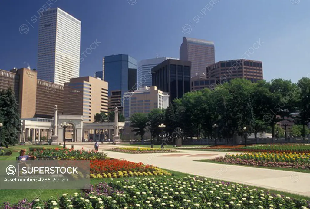 Denver, CO, Colorado, Skyline of downtown Denver from Civic Center Park adorned with flowers.