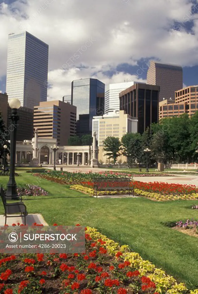 Denver, skyline, CO, Colorado, Skyline of downtown Denver from Civic Center Park adorned with flowers.