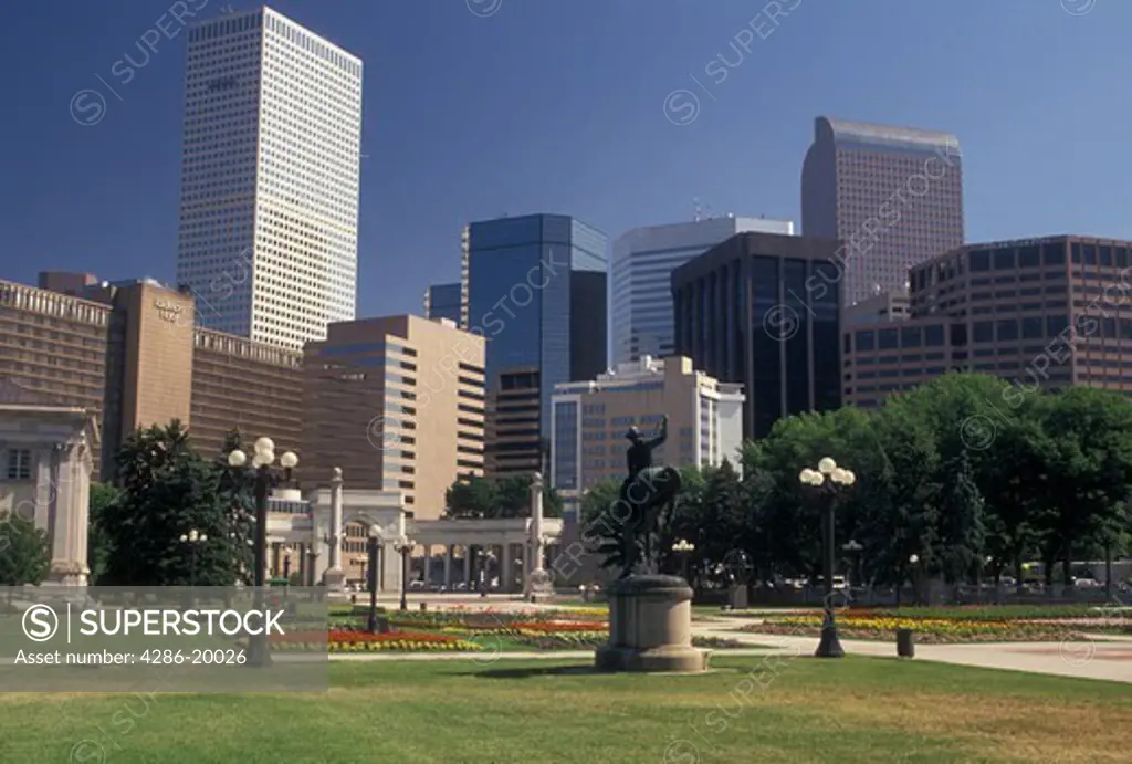 Denver, CO, Colorado, Skyline of downtown Denver from Civic Center Park.