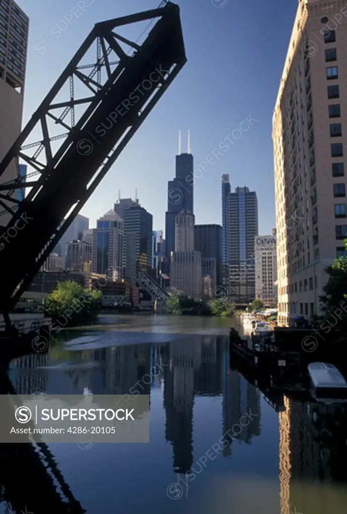 drawbridge, skyline, Chicago, IL, Illinois, Chicago River, A drawbridge in the up position shows the skyline of downtown Chicago reflecting in the Chicago River.