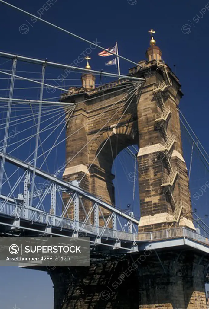 bridge, Cincinnati, OH, Ohio, John A. Roebling Suspension Bridge crosses the Ohio River in Cincinnati.