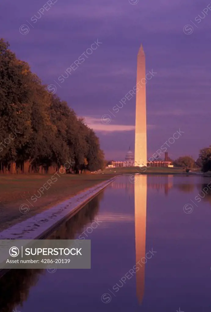 The National Mall, Washington Monument, sunset, Washington, DC, District of Columbia, The Washington Monument reflects in the reflecting Pool at sunset at the National Mall in Washington D.C.