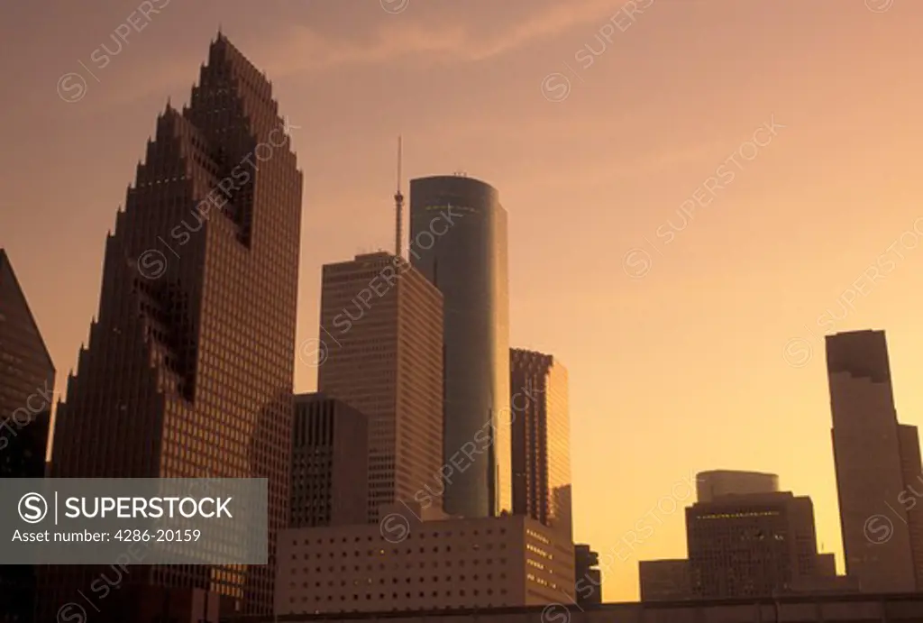 TX, Houston, skyline, Texas, Skyline of downtown Houston at sunset.
