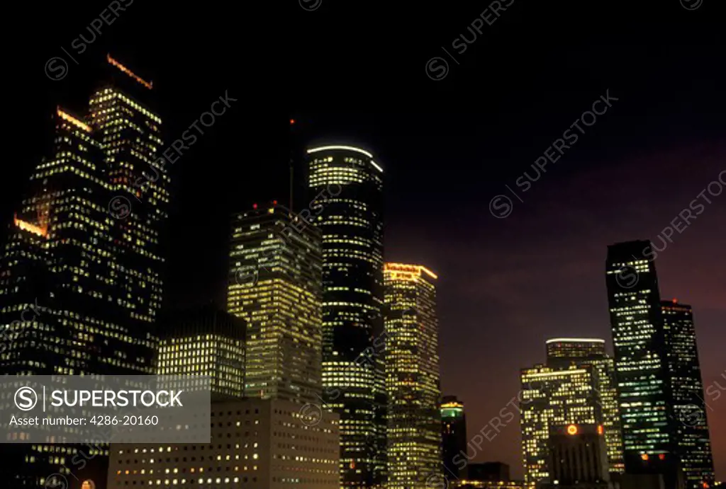 Houston, TX, skyline, Texas, Skyline of downtown Houston and city lights at night.