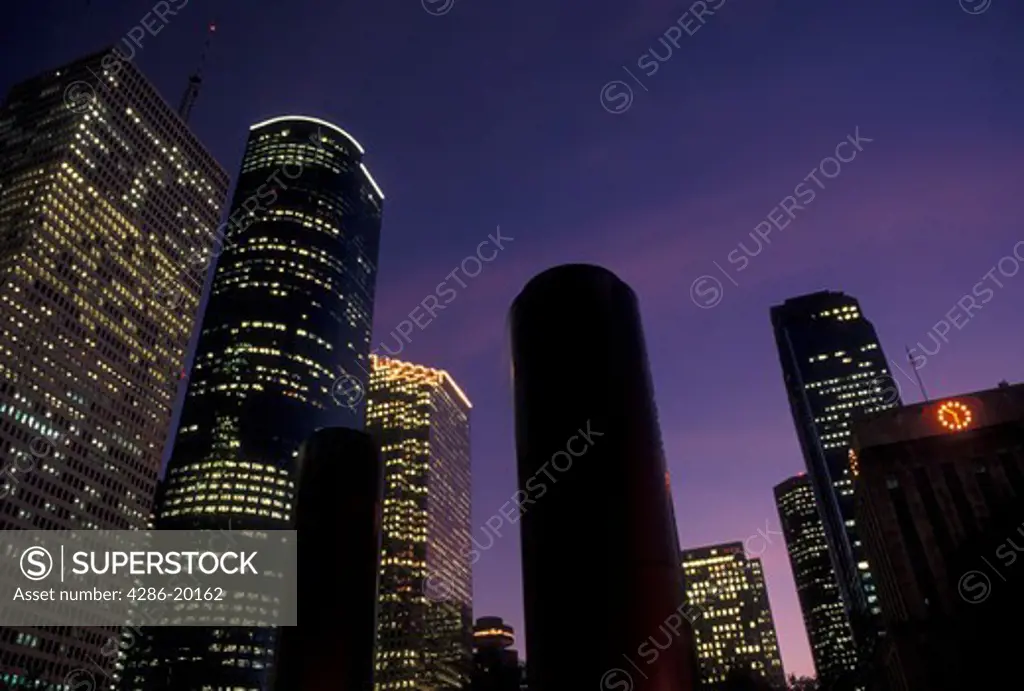 Houston, TX, skyline, Texas, Downtown from Tranquility Park in Houston at sunset.