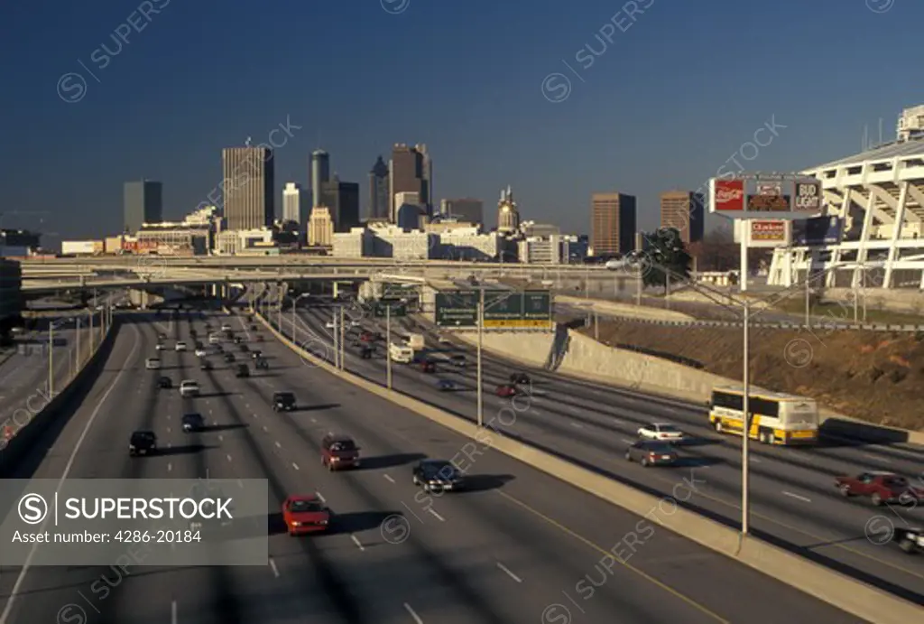 skyline, Atlanta, GA, Georgia, Skyline of downtown Atlanta and Fulton County Stadium along I-75/I-85 