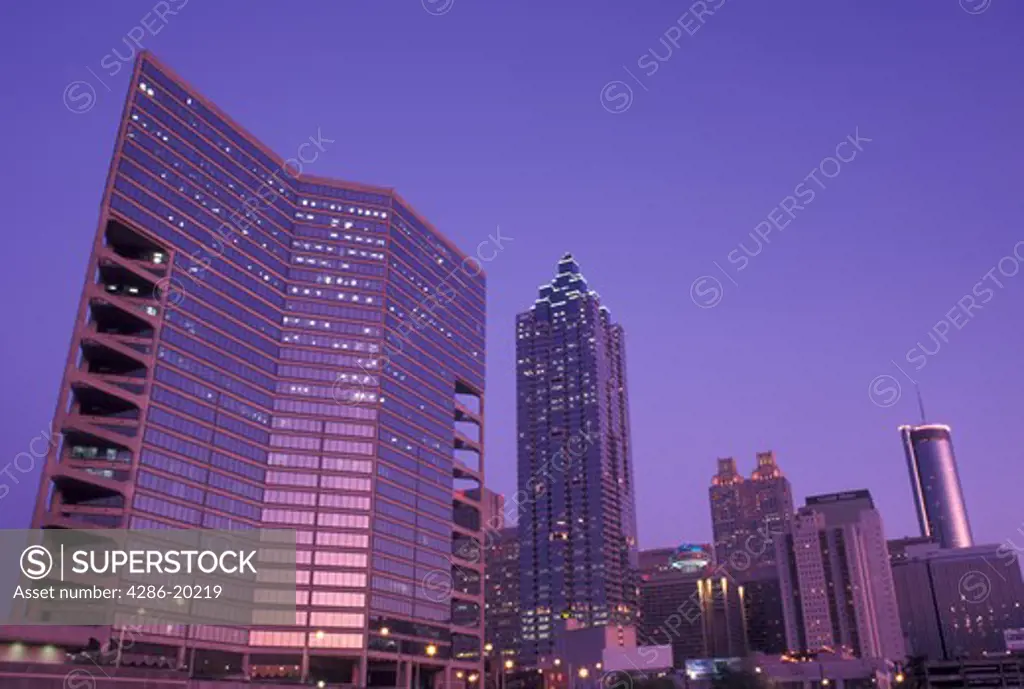 Atlanta, skyline, GA, Georgia, Skyline of downtown Atlanta in the evening.