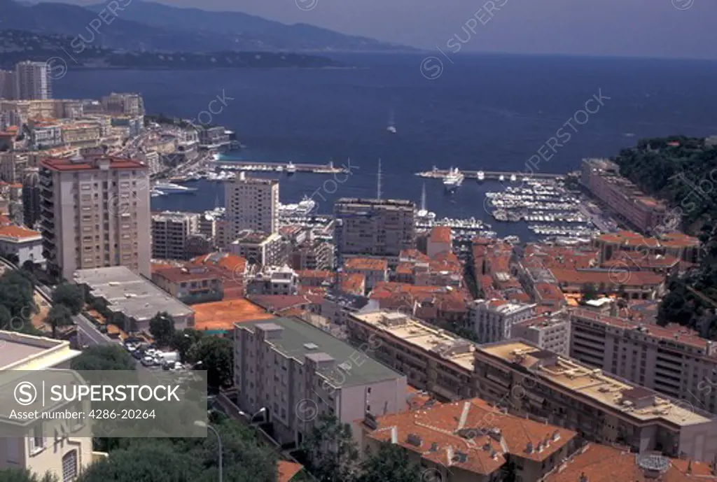 Monaco, Aerial view of Monaco Harbor in the district of La Condamine in the Principality of Monaco along the Mediterranean Sea.