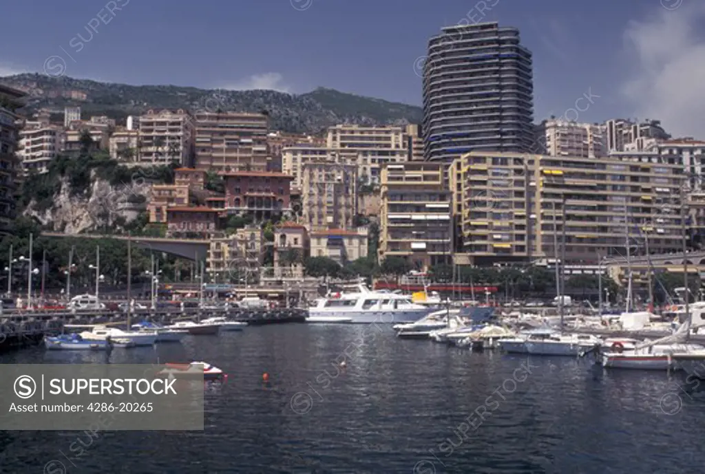 Monaco, Boats docked in Monaco Harbor in the district of La Condamine in the Principality of Monaco along the Mediterranean Sea.