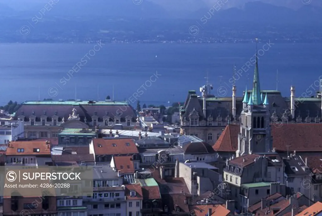 Lausanne, Switzerland, Vaud, Lake Geneva, Aerial view of the city of Lausanne from the cathedral along Lac Leman.
