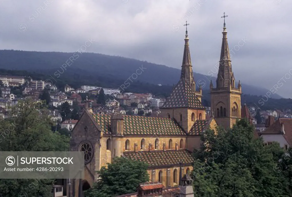 Switzerland, Neuchatel, Scenic view of the Romanesque-Gothic church, the Collegiale, in the city of Neuchatel.