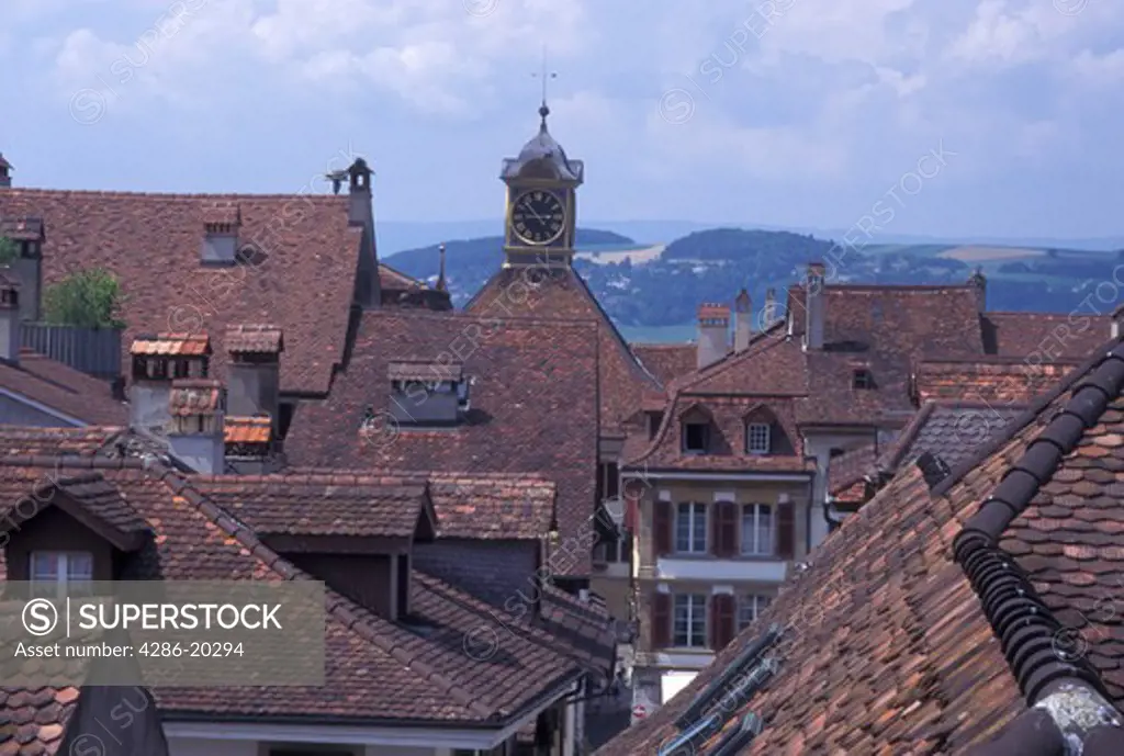 aerial, Switzerland, Fribourg, Aerial view of the rooftops of the town of Murten/Morat.