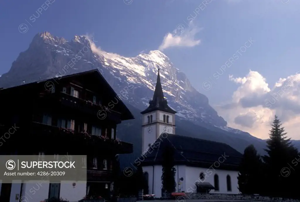 Switzerland, Eiger, Grindenwald, Berne, Bern, Bernese Alps, church, mountain, Bernese Oberland.