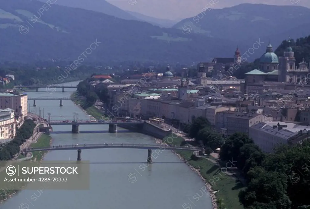 Salzburg, Austria, Salzach River, Alps, View of the city of Salzburg the River Salzach and the mountainous countryside.