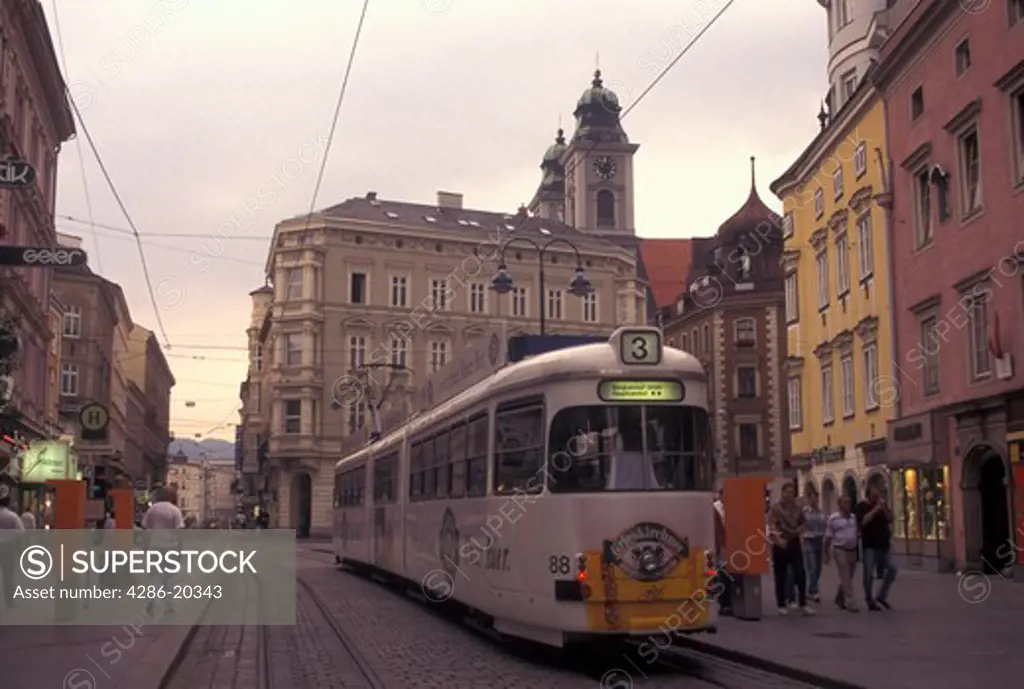 Austria, Linz, The Danube Valley, Oberosterreich, Tram line in downtown Linz.