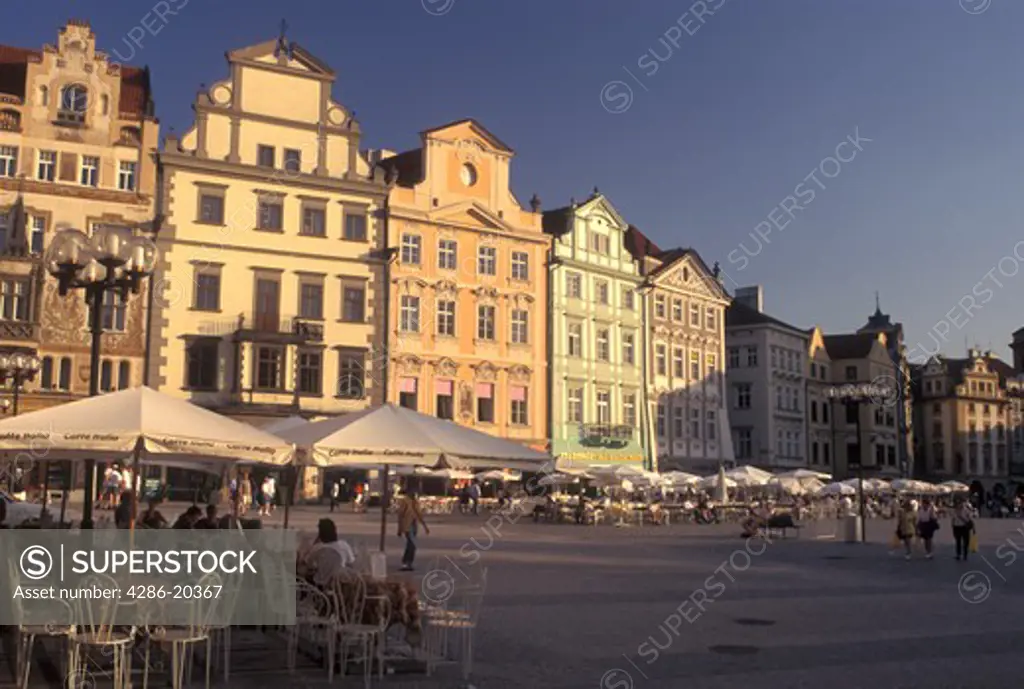 Prague, Czech Republic, Praha, Central Bohemia, Outdoor cafs in Old Town Square in the city of Prague.