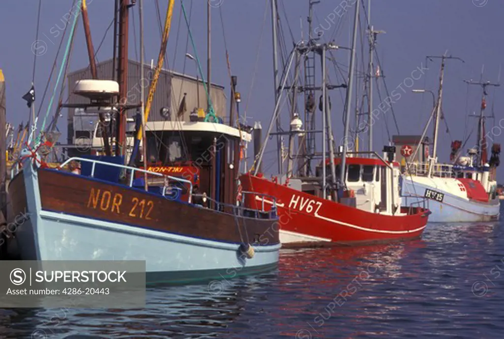 Denmark, Romo, Jylland, Scandinavia, Europe, Fishing boats docked in Havneby Harbor on the North Sea on Romo Island.