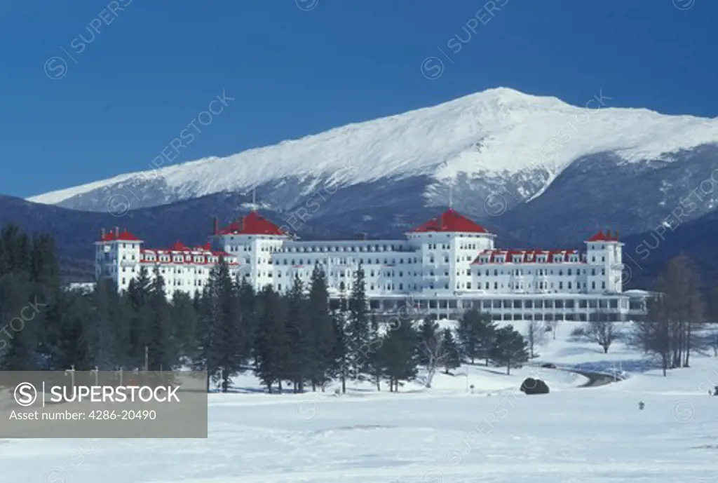 Bretton Woods, NH, New Hampshire, Scenic view of Historic Mount Washington Hotel & Resort and Mt. Washington in winter in the White Mountains National Forest.