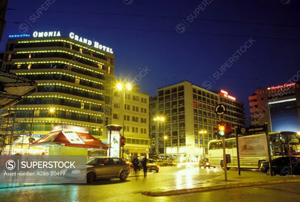 Greece, Athens, Europe, Omonia Square in the evening in downtown Athens.