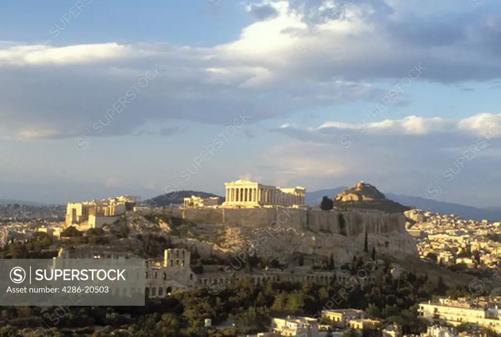 Acropolis, Athens, Greece, Europe, View of the Acropolis from Filopappos Hill.