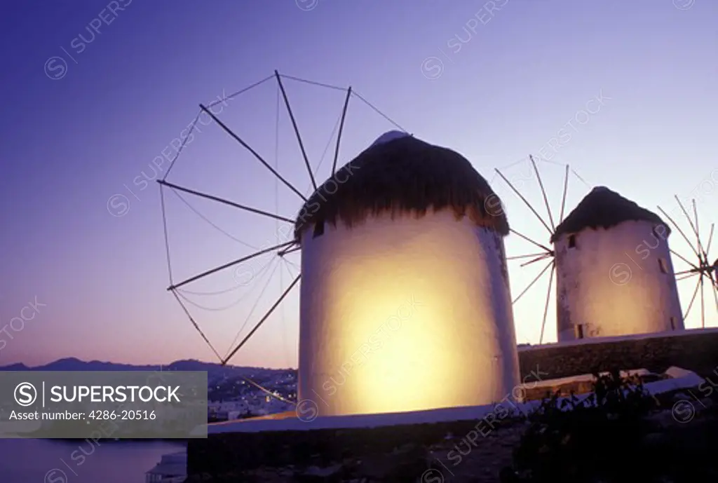 windmill, Mykonos, Greek Islands, Cyclades, Greece, Europe, Windmills on Mykonos in the evening.