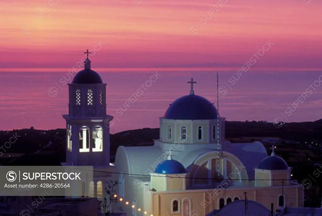 sunrise, church, Santorini, Greek Islands, Fira, Cyclades, Greece, Europe, Sunrise overlooking the Aegean Sea from the village of Fira on Santorini Island.