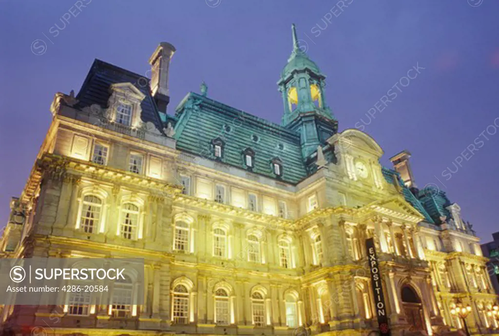 Montreal, Canada, Quebec, City Hall in the evening in Old Montreal (Vieux Montreal) in Quebec.