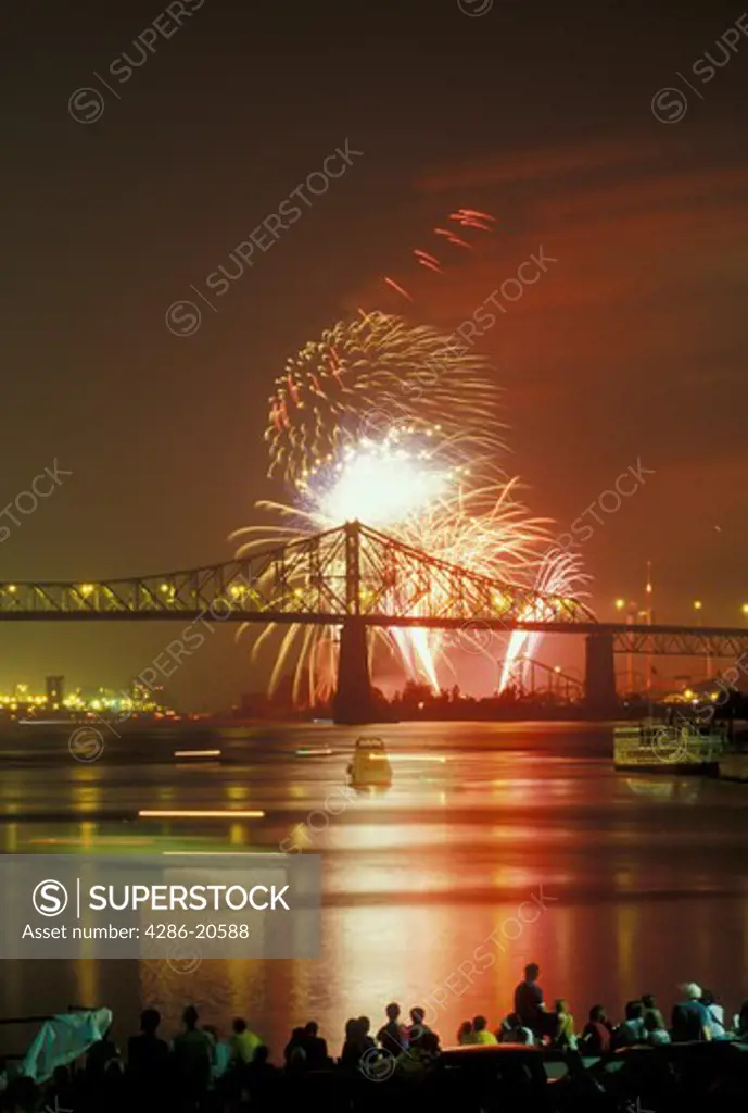 fireworks, Montreal, Canada, Quebec, Vieux Port, Firework display from the International Benson & Hedges Firework Competition over the St. Lawrence River (Fleuve Saint-Laurent) near Pont Jacques Cartier 