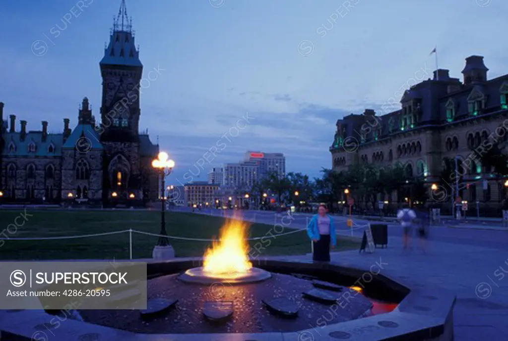 Ottawa, Ontario, Canada, Eternal Flame on Parliament Hill in the evening.