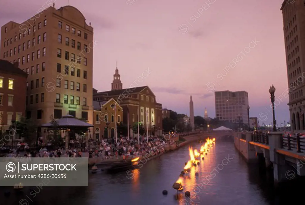 RI, Providence, Rhode Island, Waterfire Providence along Providence River in downtown Providence at night.