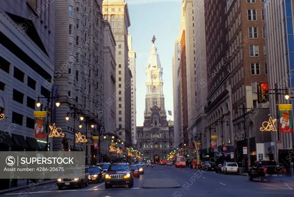 Philadelphia, PA, Pennsylvania, City Hall on Broad Street in downtown Philadelphia in the evening.