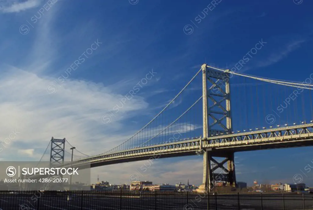 Philadelphia, bridge, PA, Pennsylvania, Benjamin Franklin Bridge crosses the Delaware River connecting Philadelphia and Camden, NJ, New Jersey