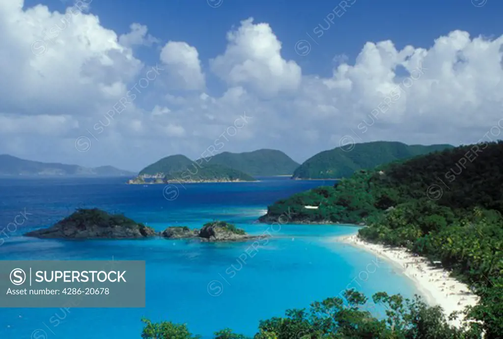 U.S. Virgin Islands, Caribbean, Virgin Islands National Park, St. John, USVI, Scenic view of Trunk Bay Beach in Virgin Islands Nat'l Park on Saint John Island.