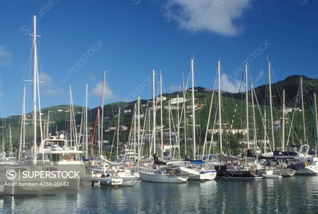 Tortola, sunrise, British Virgin Islands, Road Town, Caribbean, BVI, Boats docked in Road Bay in Road Town on the island of Tortola.