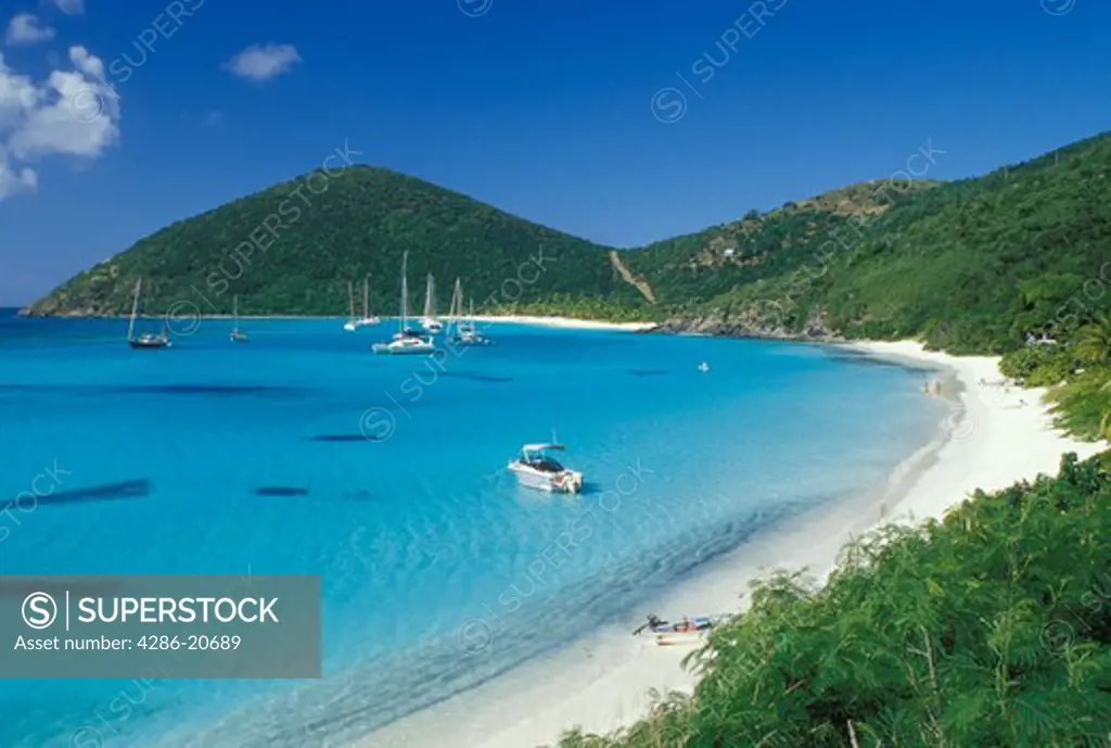British Virgin Islands, Jost Van Dyke, Caribbean, BVI, Scenic view of the beach and boats anchored in White Bay on Jost Van Dyke Island on the Caribbean Sea.
