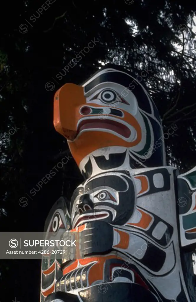 Colorful totem pole in British Columbia, Canada.