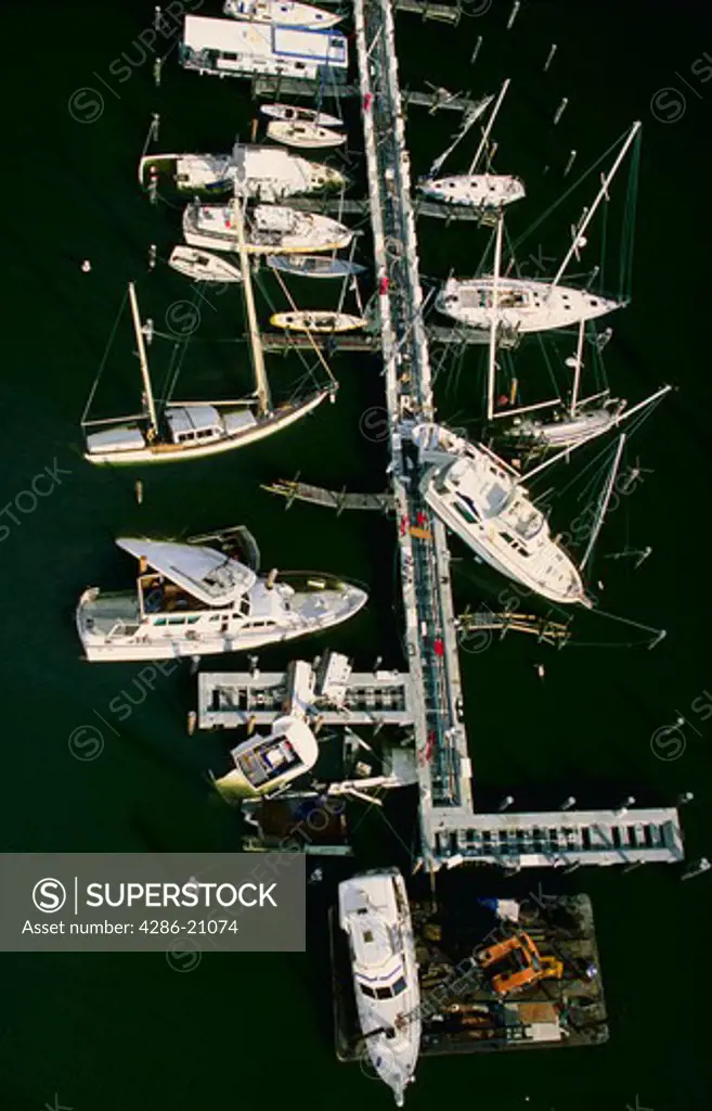 Aerial view of damage done to boats docked at Dinner Key Marina in Southern Florida by Hurricane Andrew.