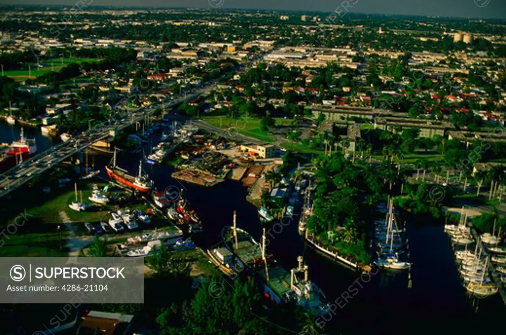 Aerial view of downtown Miami along the Miami River in Florida.