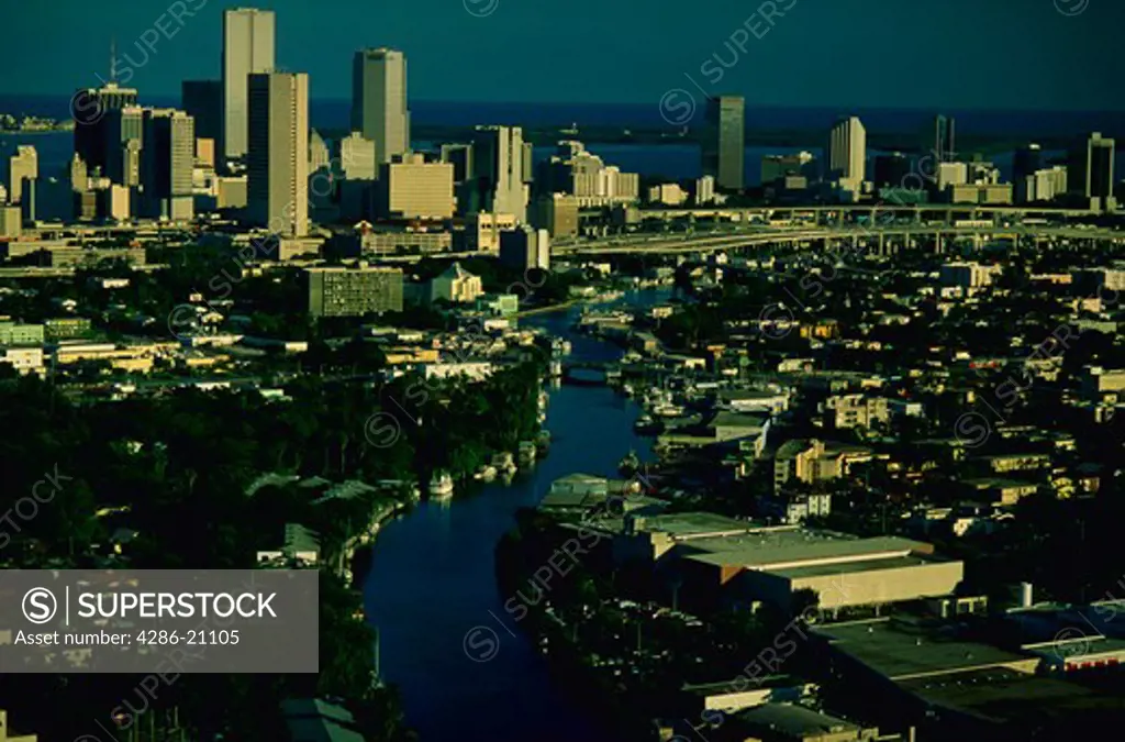 Aerial view of the Miami River running through downtown Miami, Florida.