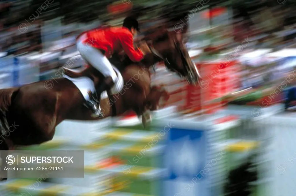 Horse and rider jumping, blurred