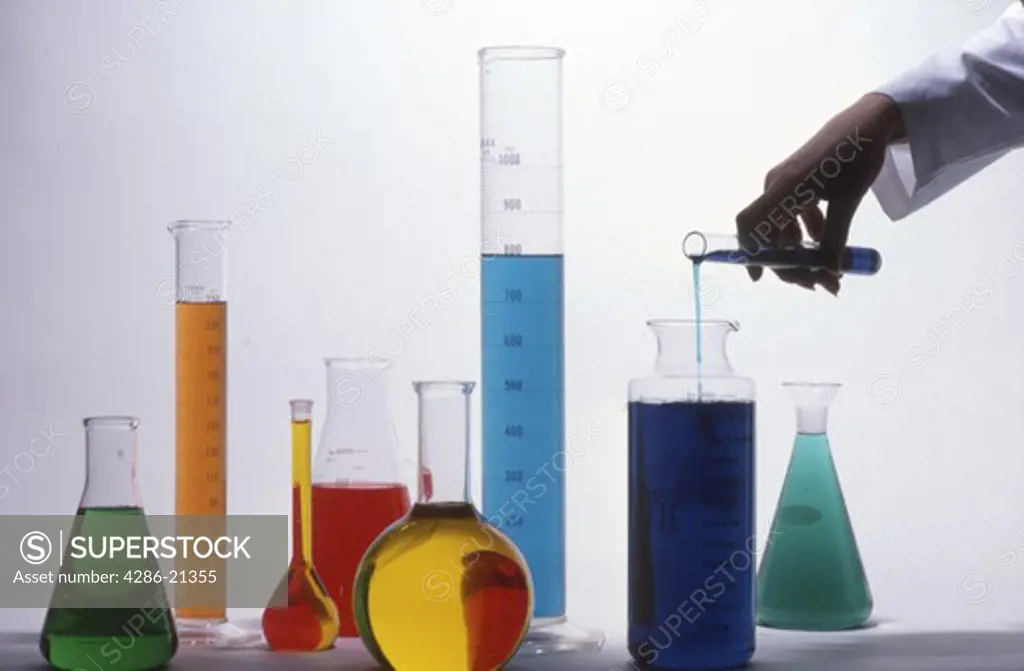 Chemicals, measuring, flasks, beakers 