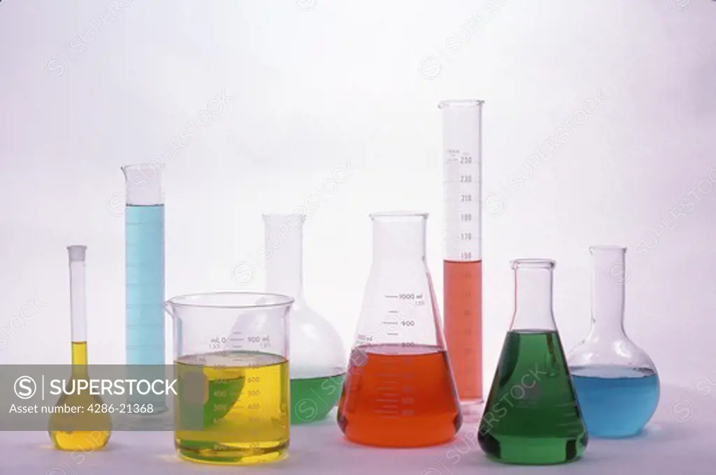 Chemistry cylinders, flasks and test tubes 